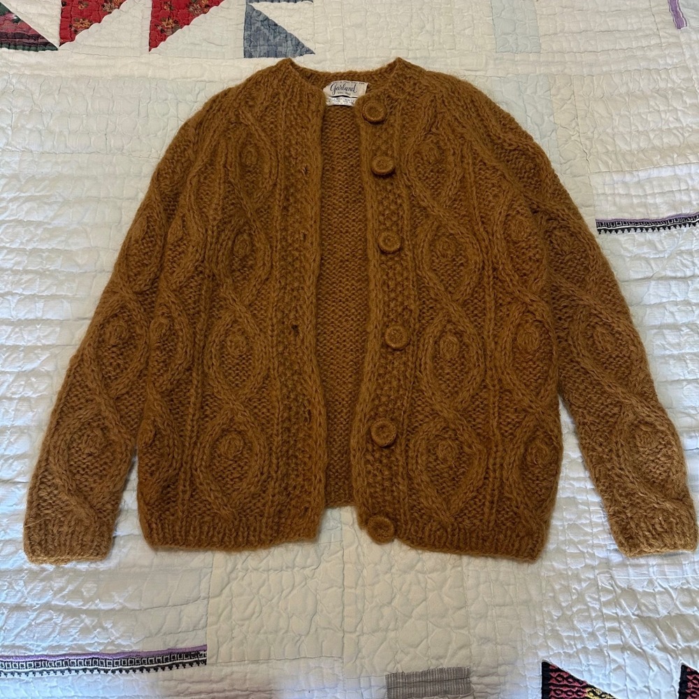 Garland Cardigan Sweater golden Brown Hand Knit Wool Blend Italy Cable Knit